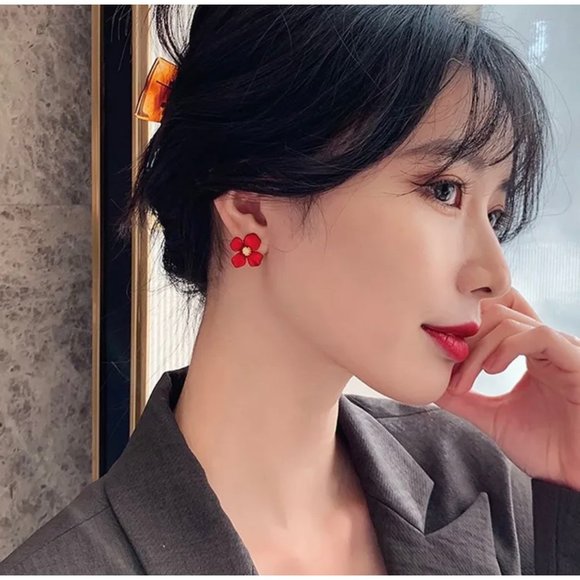 Source Unknown Jewelry - NWOT|Korean Red Flower Designs Metal Earrings